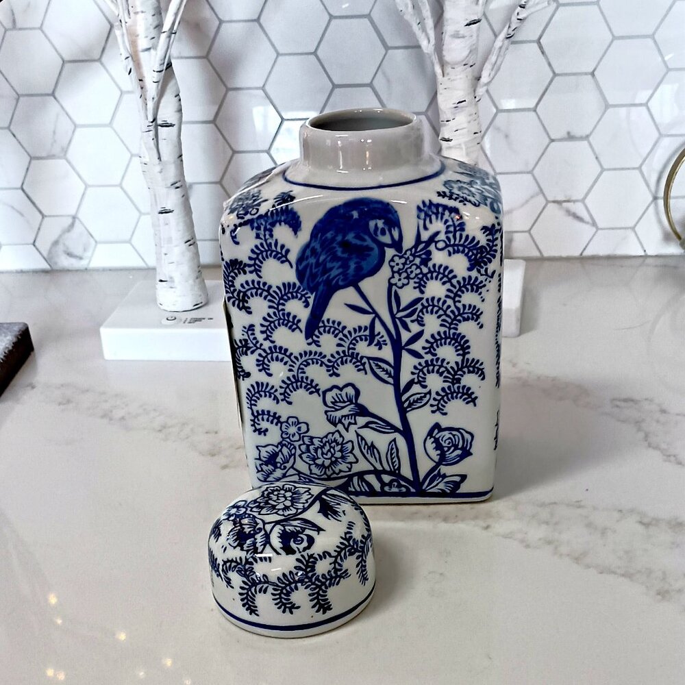 NEW! BLUE & WHITE TOILE CHINOISERIE COVERED JAR